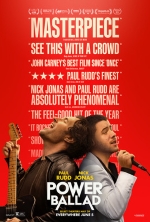 Power Ballad Movie Poster featuring Paul Rudd and Nick Jonas on a red background