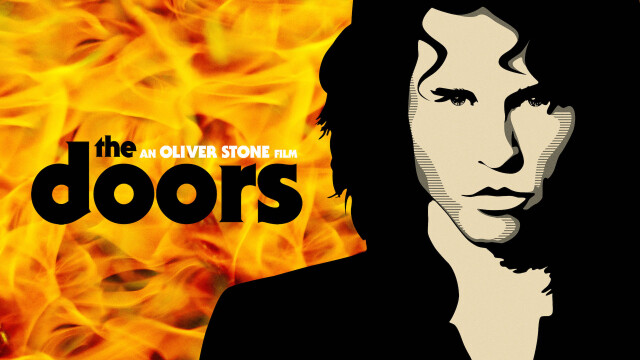 alt="Val Kilmer as Jim Morrison in The Doors, 1991 biographical film directed by Oliver Stone, with a fiery background"